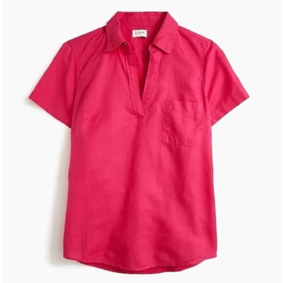 J. Crew Short Sleeve Popover 100% linen Dark Pink Chest Pocket Women's Small - Picture 1 of 9